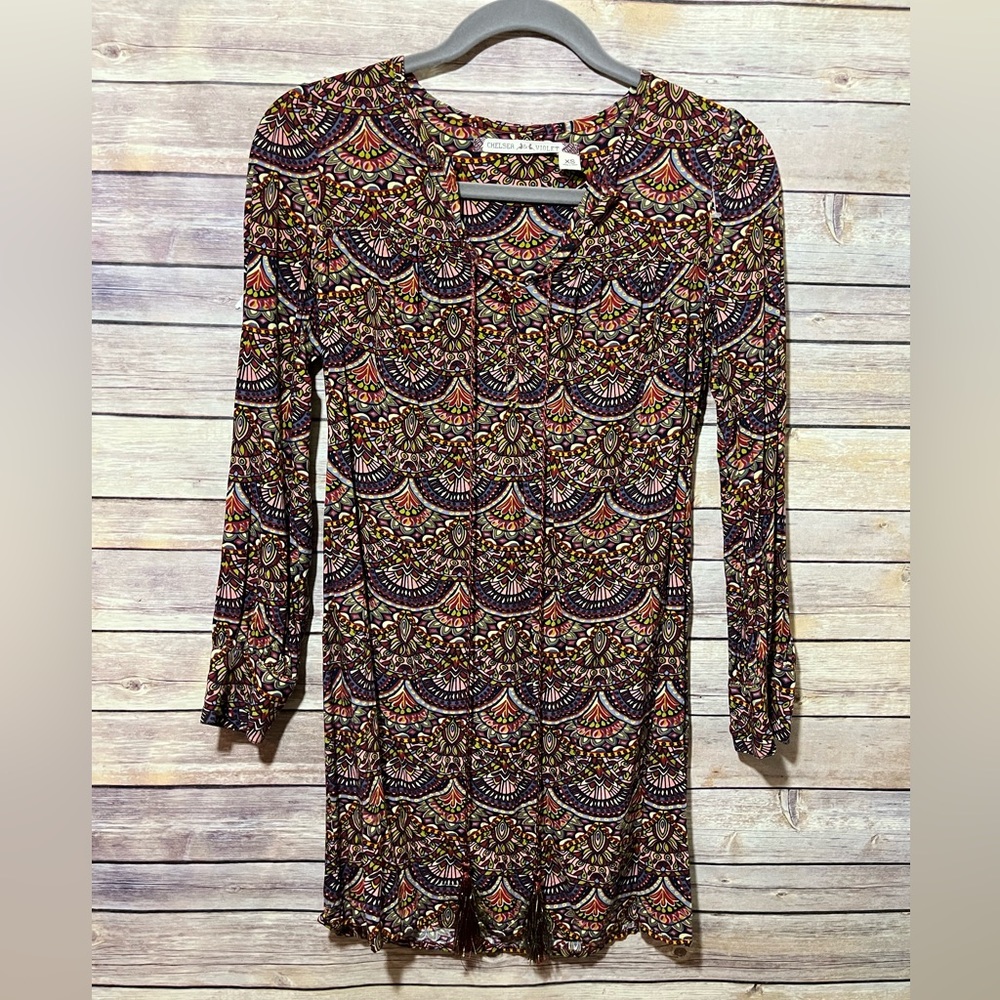 ⭐️ Chelsea & Violet Multicolor Bohemian Aztec Tribal Geometric Flowy Dress XS D3